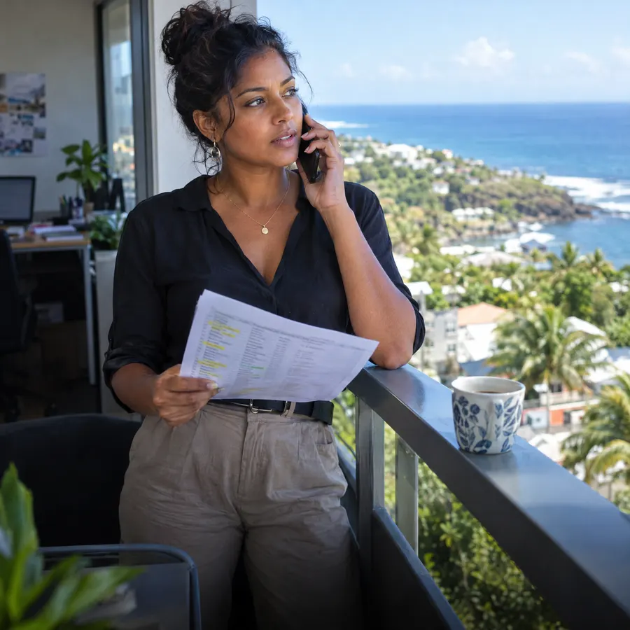 Cheffe d'entreprise au téléphone sur un balcon face à l'océan, une liste de contacts à la main
