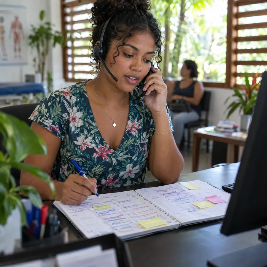 Secrétaire au téléphone qui note des rendez-vous dans un agenda papier rempli
