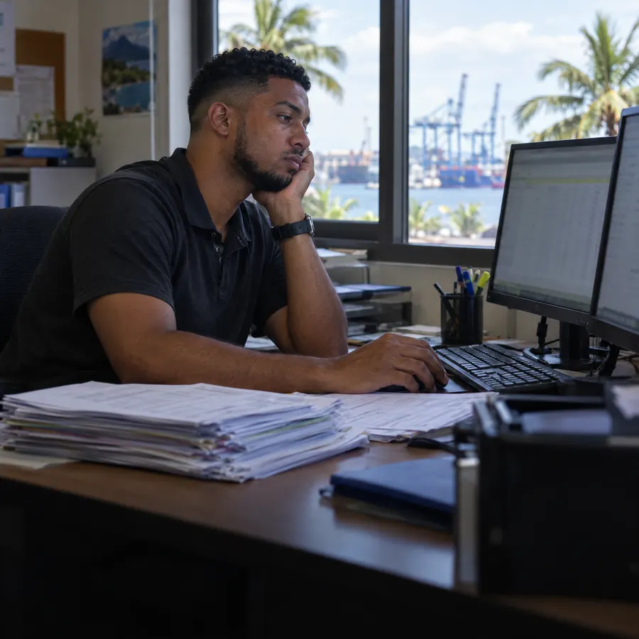 Employé de bureau lassé devant ses écrans, à côté d'une pile de documents à ressaisir