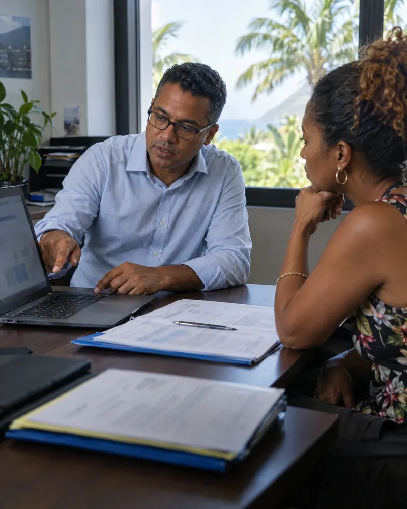 Professionnel en rendez-vous qui explique un dossier à une cliente sur son ordinateur